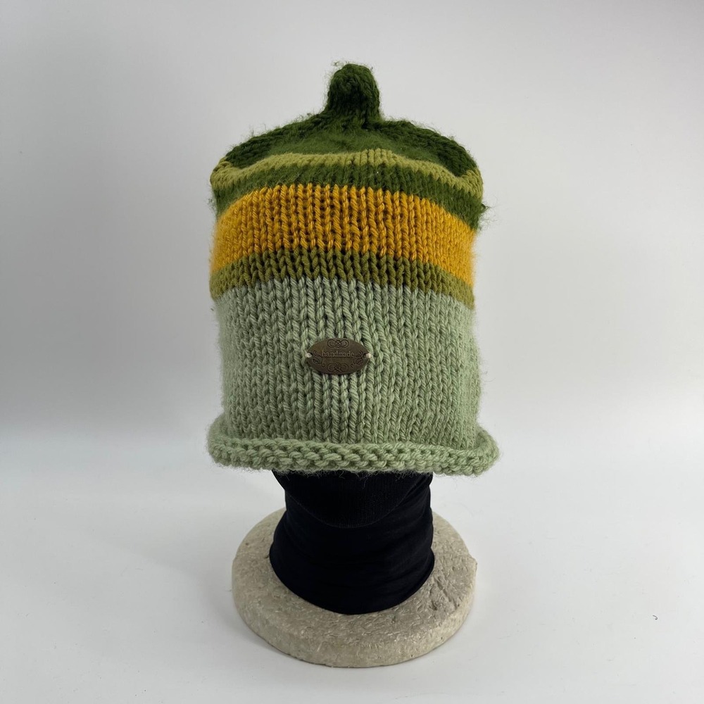 Handmade Knit Striped Beanie Hat Green Yellow Pointed Top Rolled Brim Boho